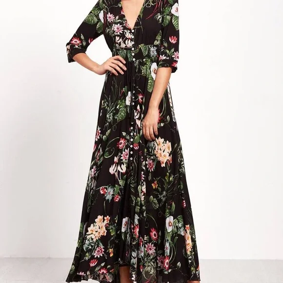 shein floral dress maxi SHEIN Women's Floral Print V- Neck Long Sleeve Size 6 Maxi Dress New